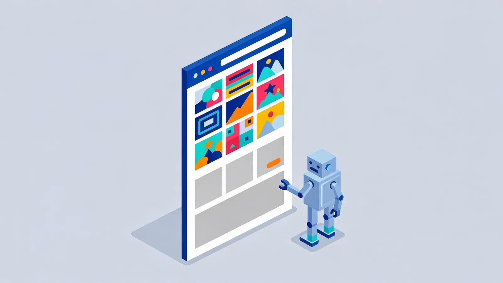 A robot points to a web page with loaded content at the top and gray placeholders below, illustrating lazy loading.