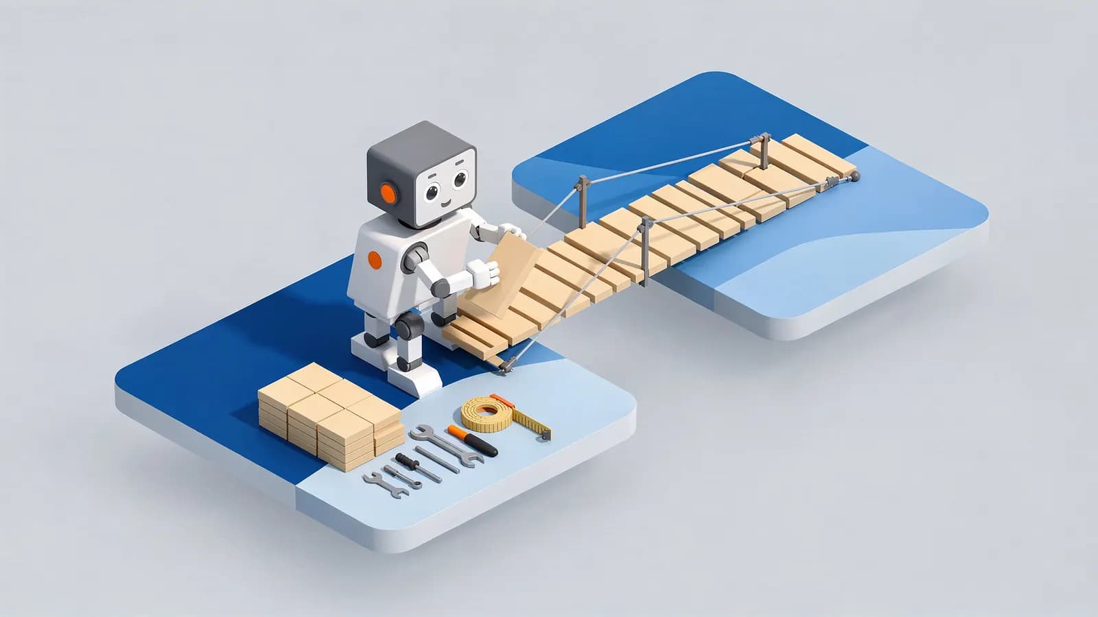 A robot constructs a wooden bridge between two platforms with tools and planks, representing link building.