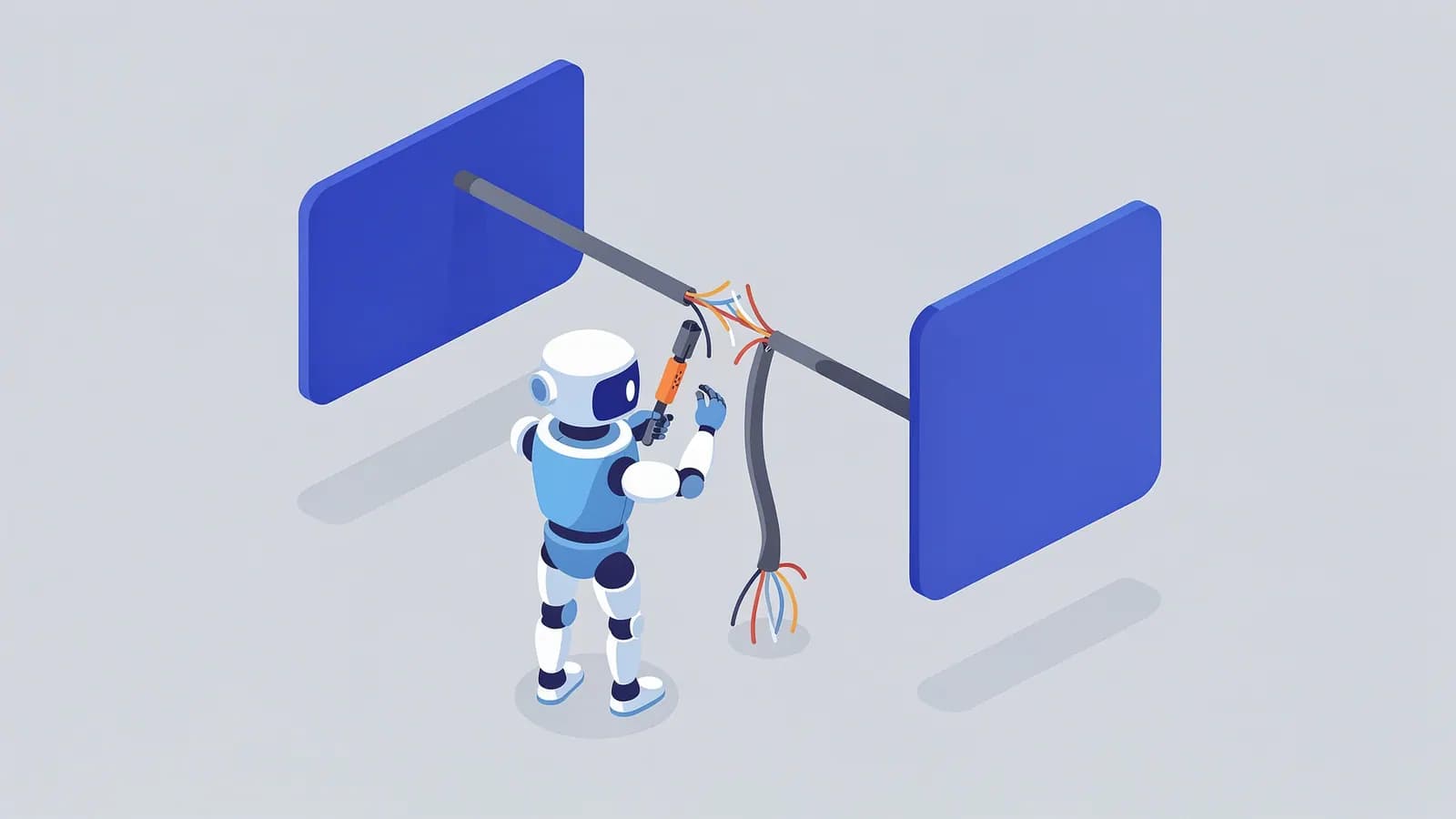 A robot fixes a broken cable connecting two rectangular panels, illustrating link reclamation.