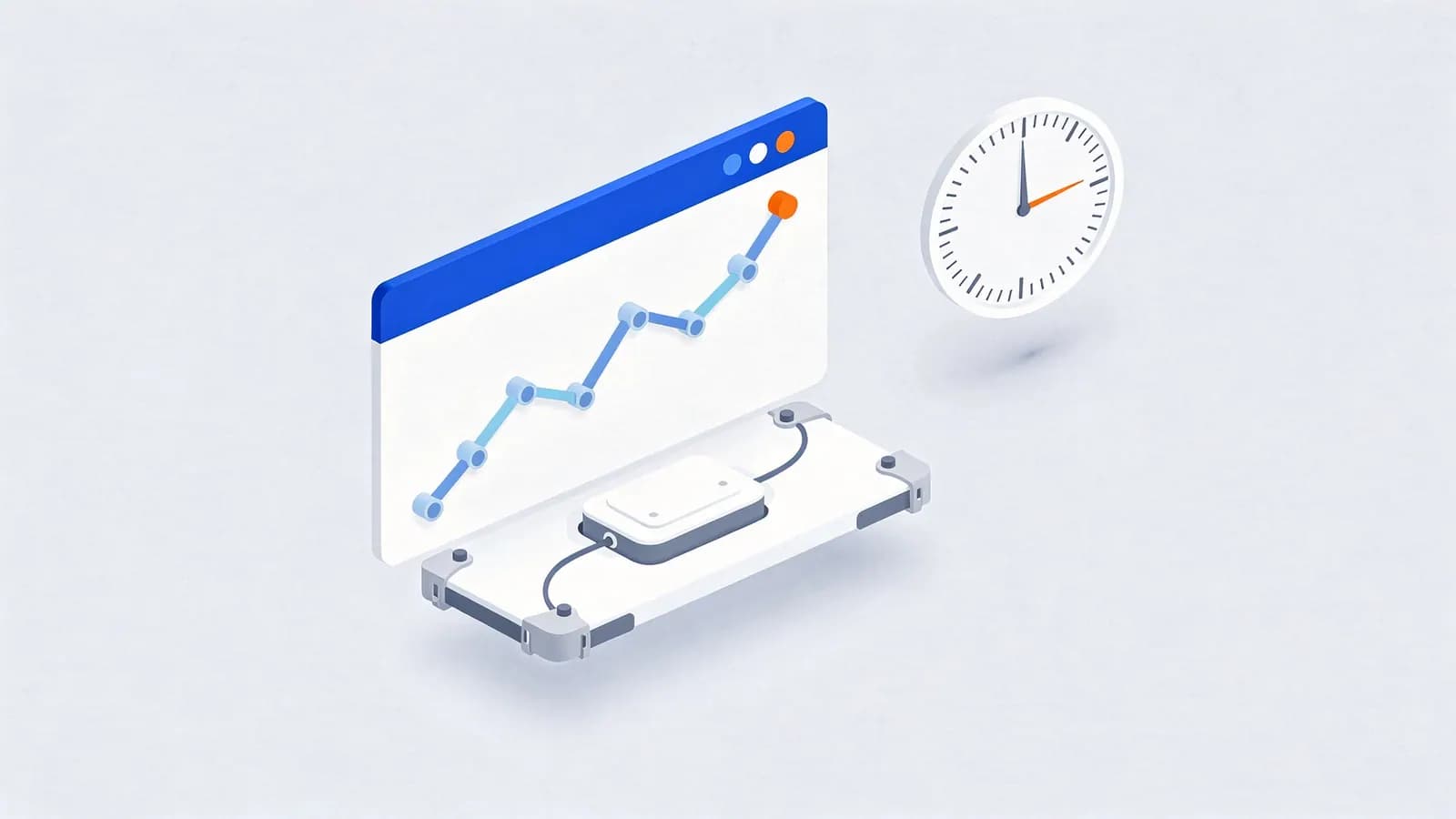 Browser window displaying an upward trending graph, alongside a device and a clock, illustrating link velocity.