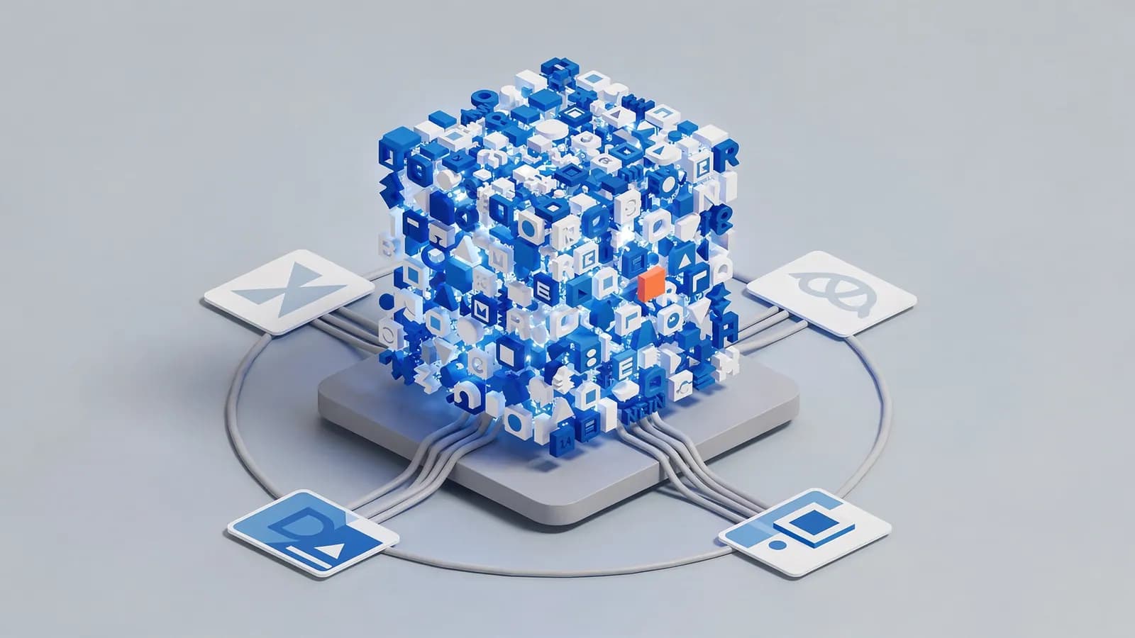 A cube made of many letters and symbols connected by cables to four data pads, representing a large language model.