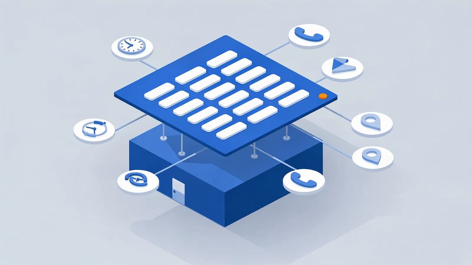 A central system connects to icons for phone, email, clocks, and location pins, depicting LocalBusiness schema.