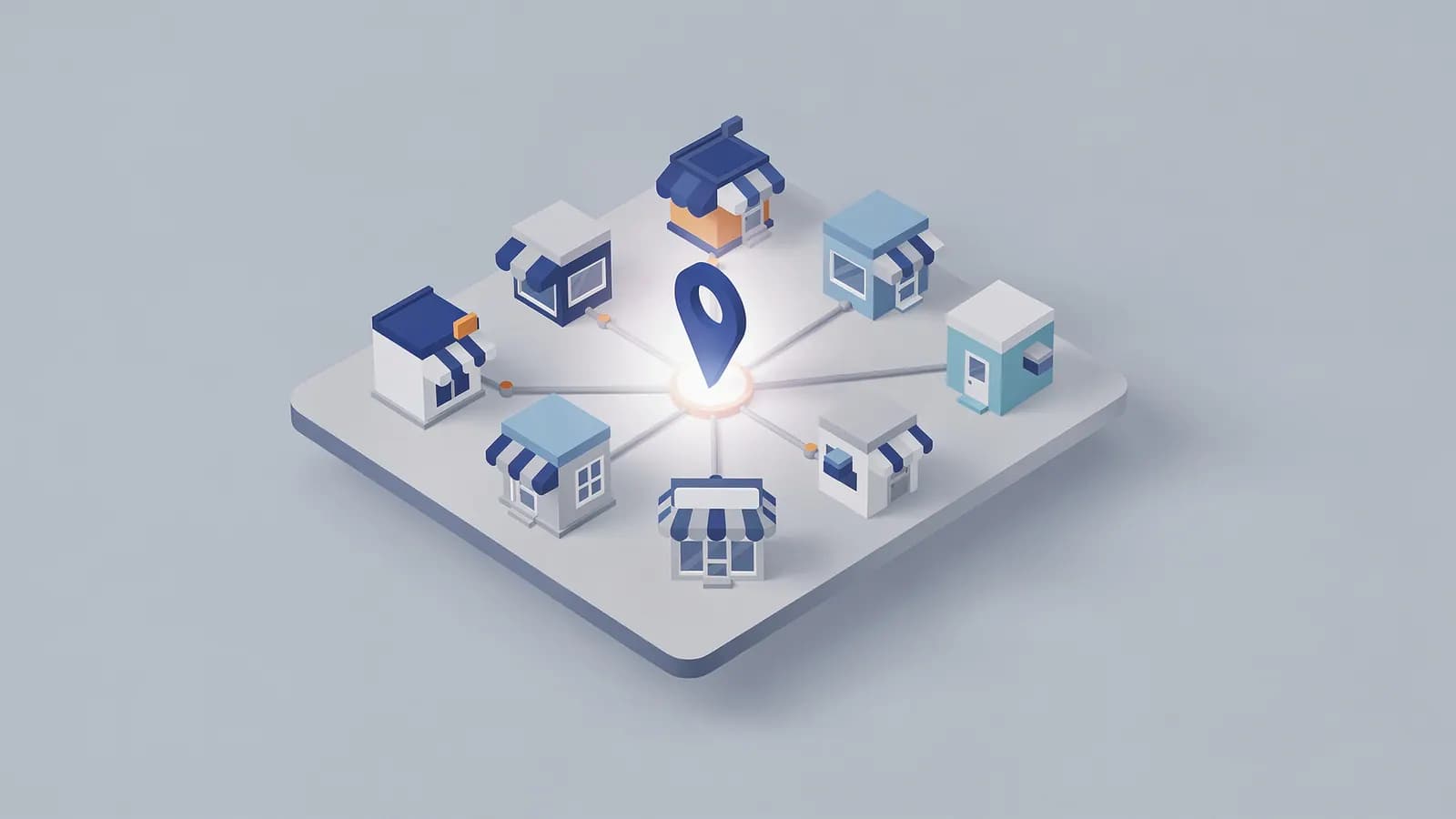 A central location pin connected to eight small local businesses, illustrating local citations.