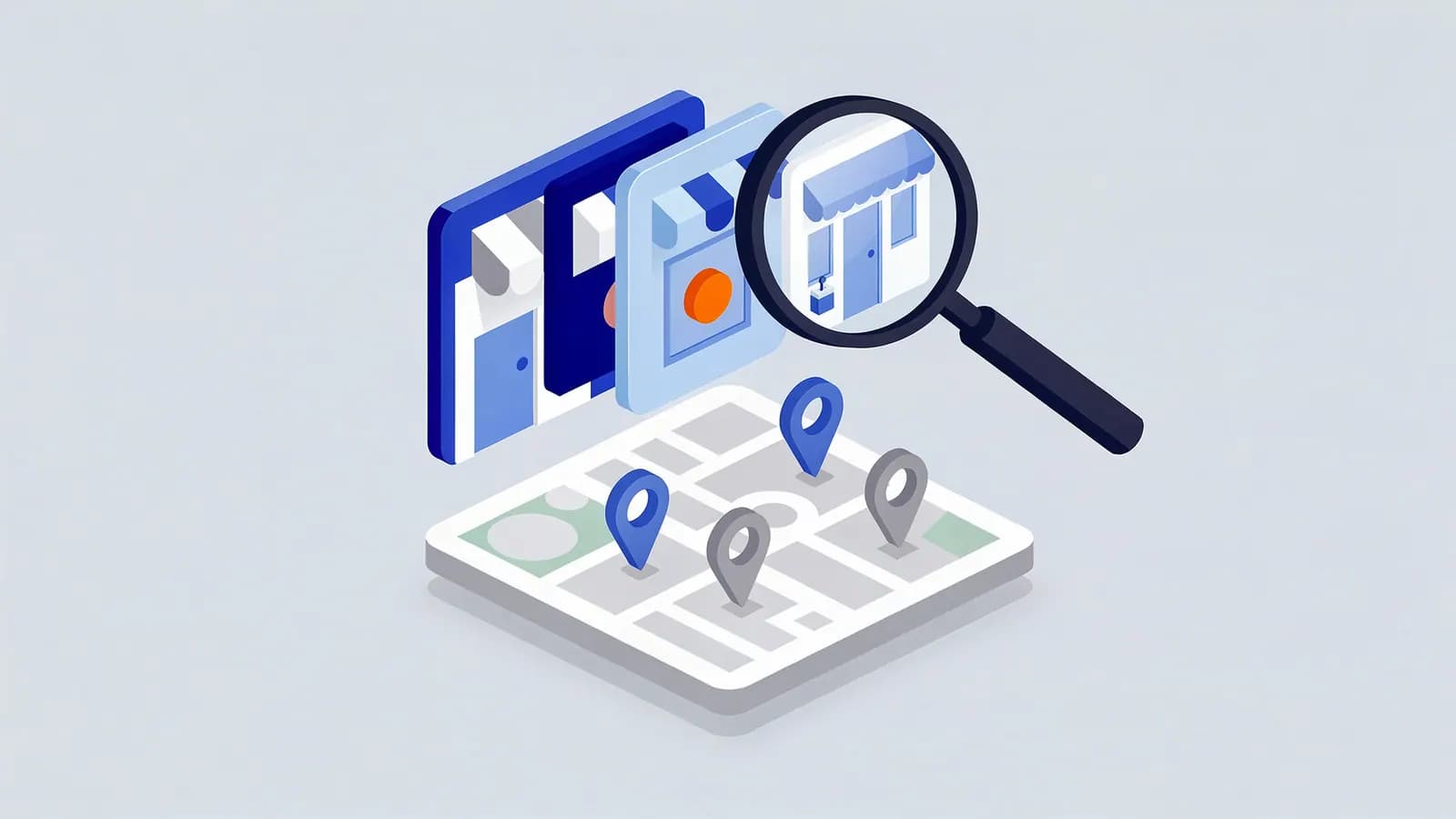 Magnifying glass focuses on one of several storefront listings above a map with location pins, representing a Local pack.