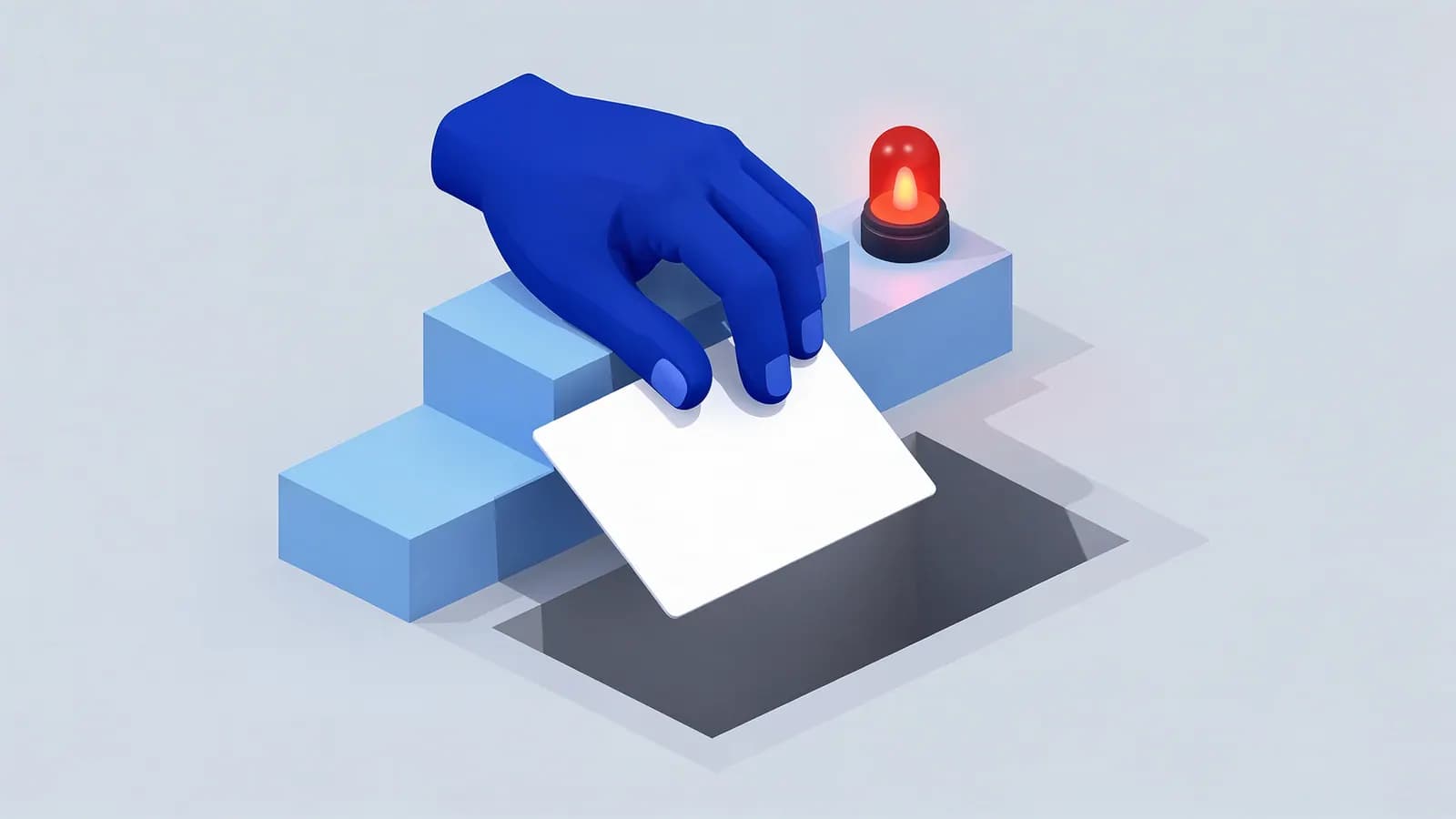 A blue hand holds a white card over a dark hole next to a red flashing alarm light, illustrating a Manual action.
