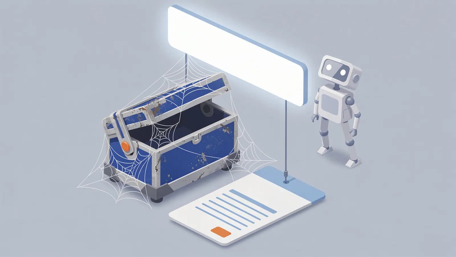 A robot next to an empty glowing sign and a dusty open treasure chest, symbolizing the outdated meta keywords tag.