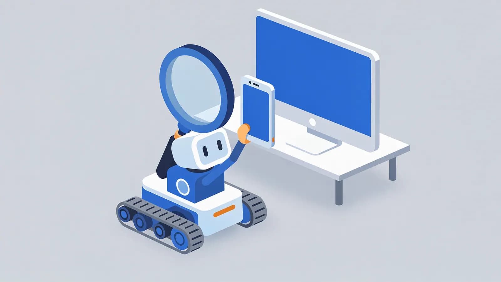 A robot inspects a smartphone in its hand with a magnifying glass beside a monitor, showing mobile-first indexing.