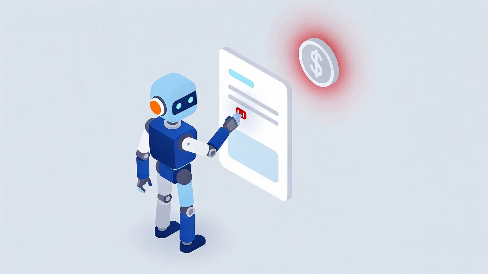 Robot making a content edit on a digital document, with a glowing dollar coin nearby, depicting niche edits.