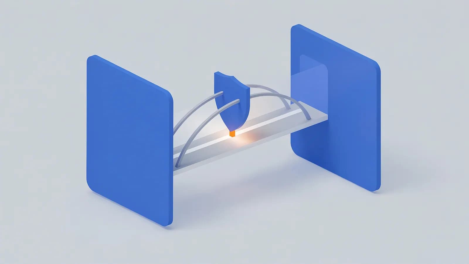 Two panels connected by a bridge with a shield above an orange glowing break, representing a Nofollow link.