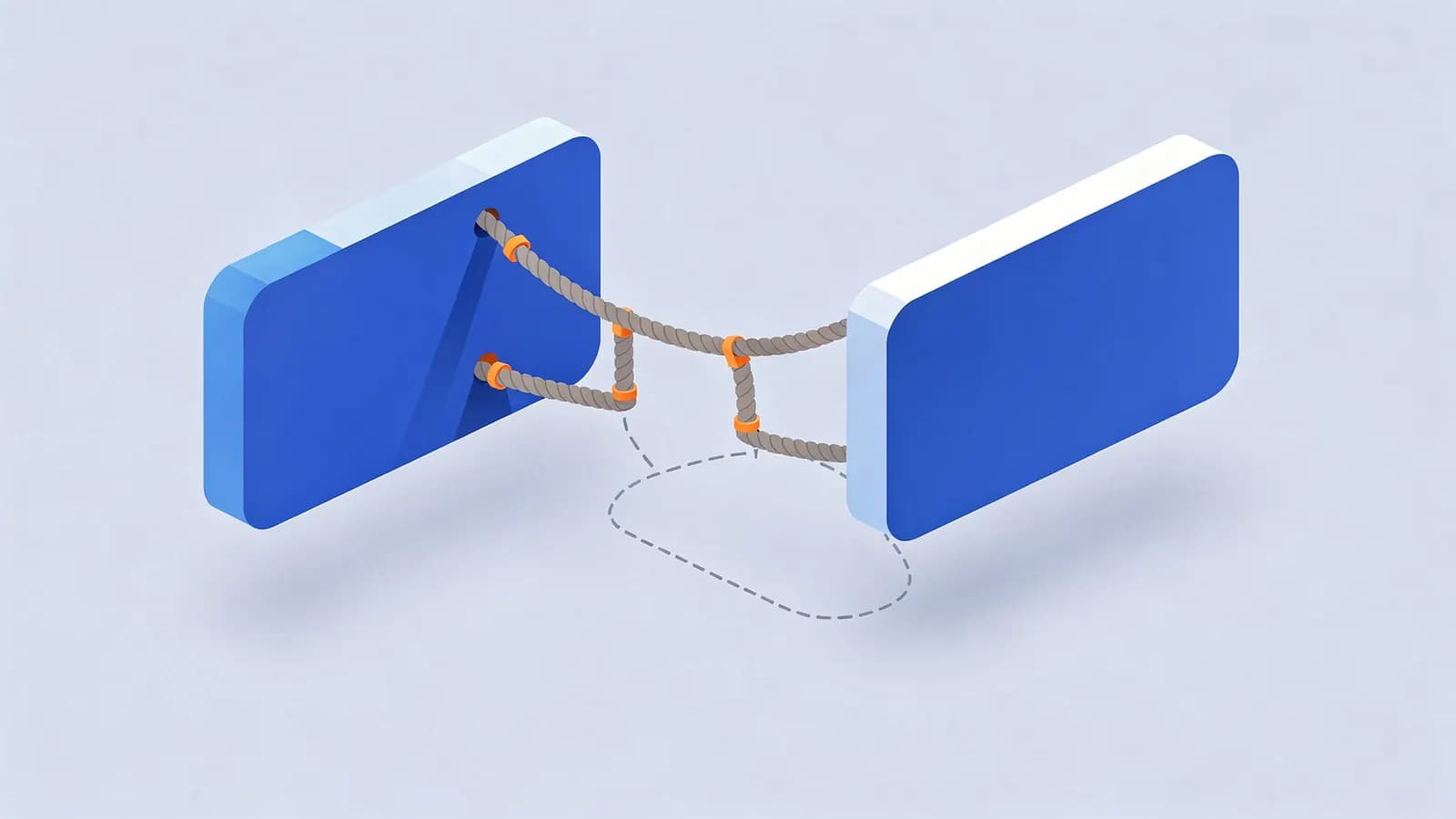 An incomplete rope bridge extends from one block towards another, with dashed lines below, symbolizing a Nofollow connection.