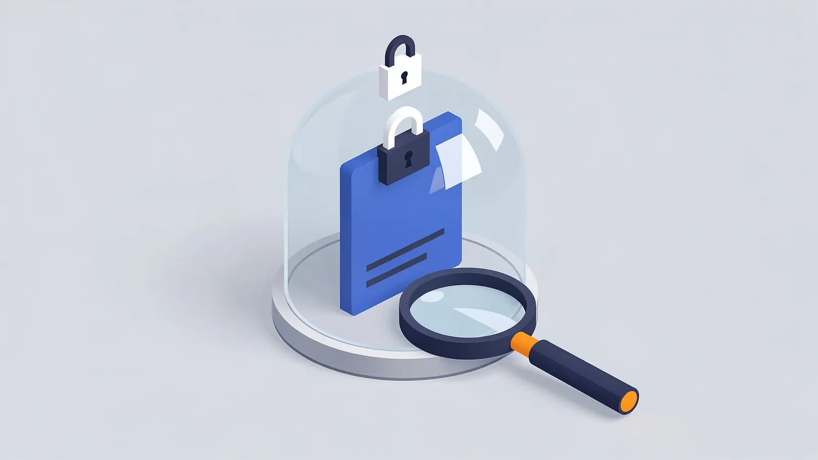 A locked document under a glass dome with a magnifying glass, depicting a noindex instruction.