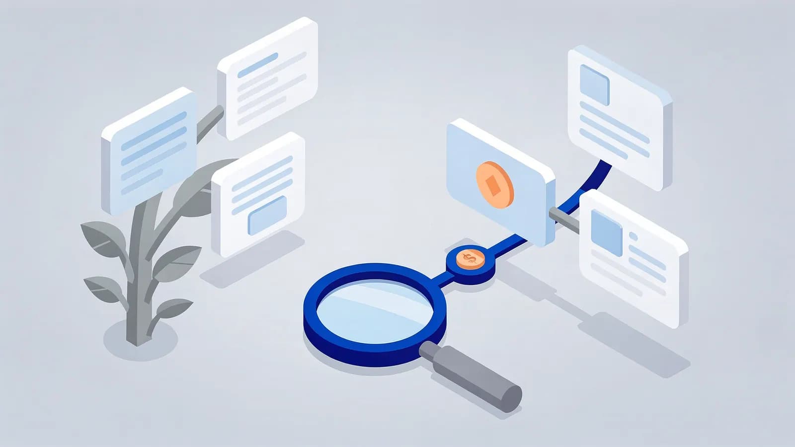 A document-leaved plant connects via a path and magnifying glass to more documents, showing organic search.