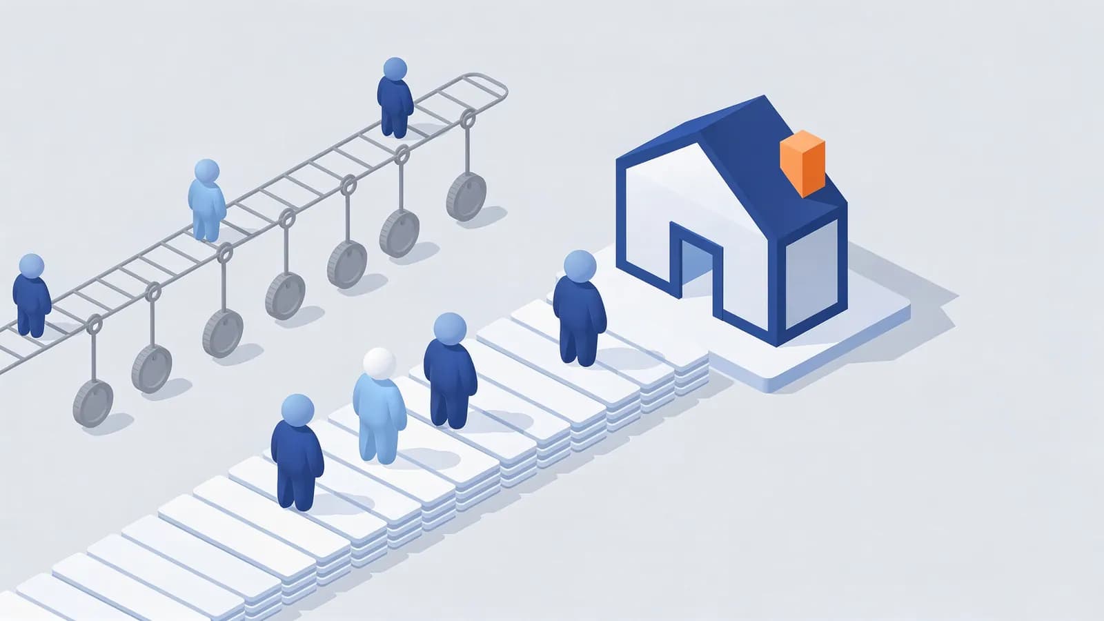 People walk a rising path toward a house while others ride a coin-carrying conveyor belt, illustrating organic traffic.