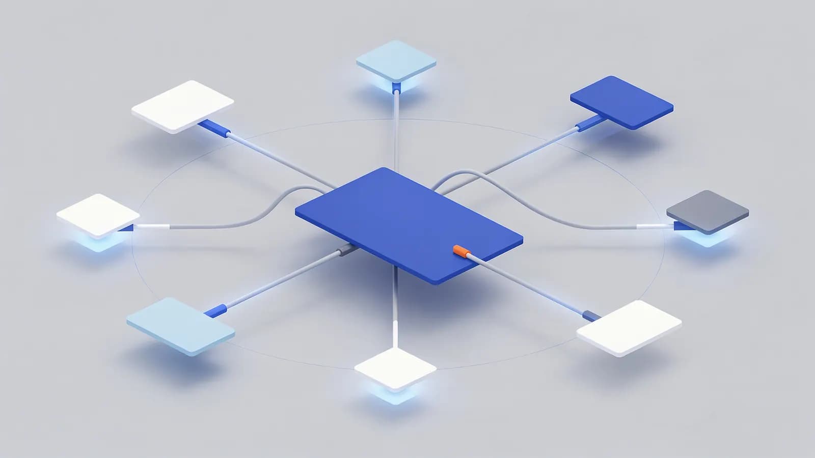 A blue central block sends cables to many smaller blocks arranged in a circle, depicting outbound links.