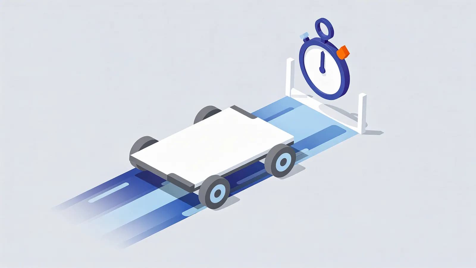 Small car speeding on a track towards a stopwatch at a finish line, illustrating Page speed.