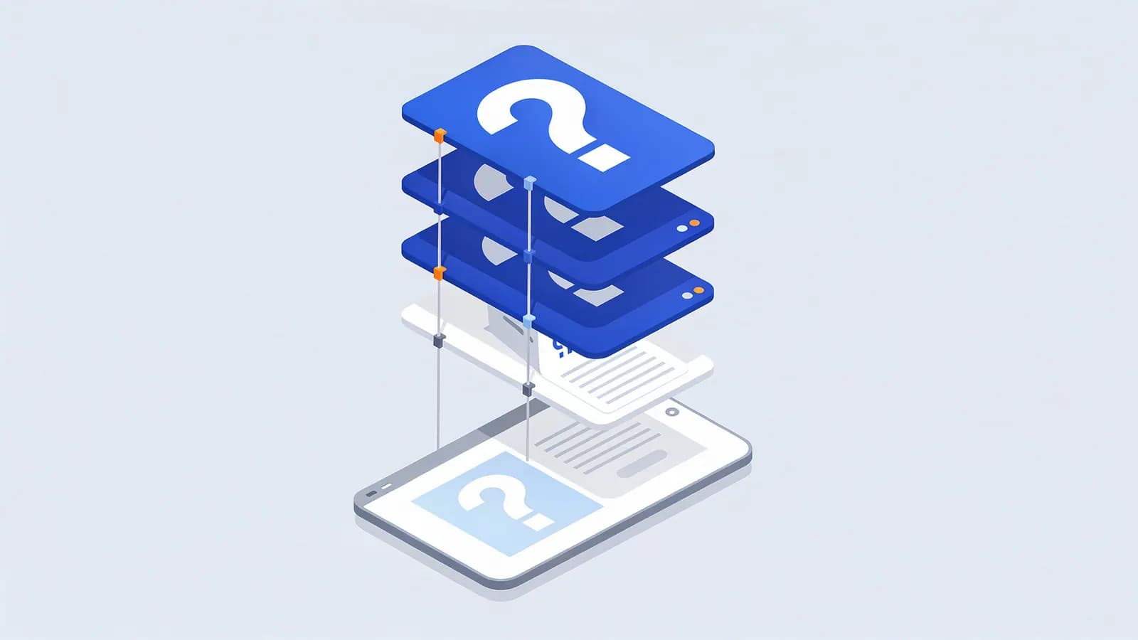 Stacked question cards and content layers connected to a tablet, illustrating People Also Ask search results.