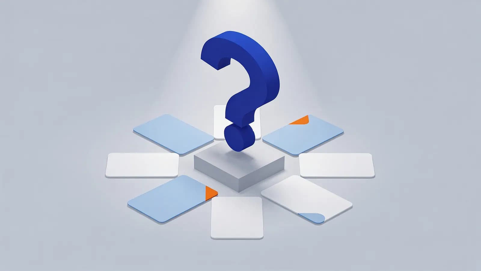 A blue question mark on a pedestal surrounded by cards illustrates the concept of question keywords.