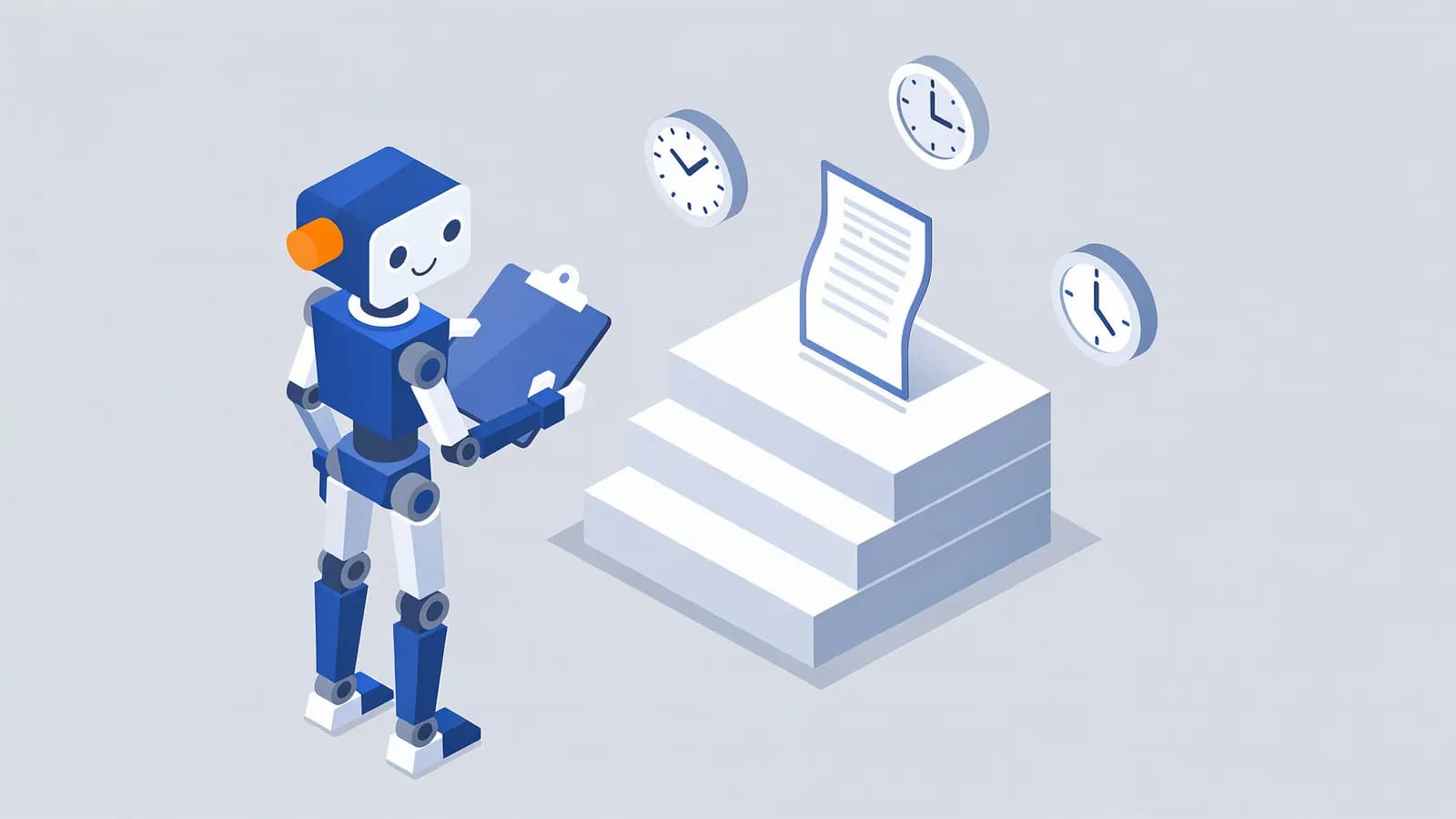 A robot with a clipboard monitors a document on a platform with clocks, illustrating rank tracking over time.