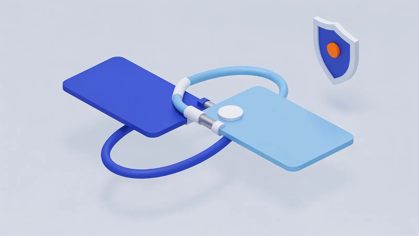 Two flat panels interconnected by looping tubes, illustrating reciprocal links, with a floating security shield.