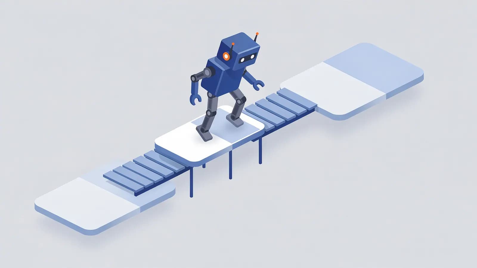A robot walks on a long, segmented path resembling a conveyor belt, illustrating a redirect chain.