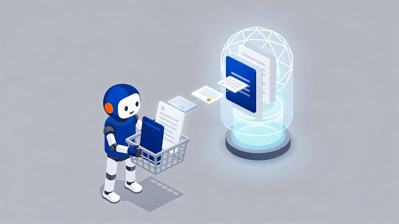 A robot moves retrieved documents from a basket into a knowledge base, demonstrating retrieval-augmented generation.
