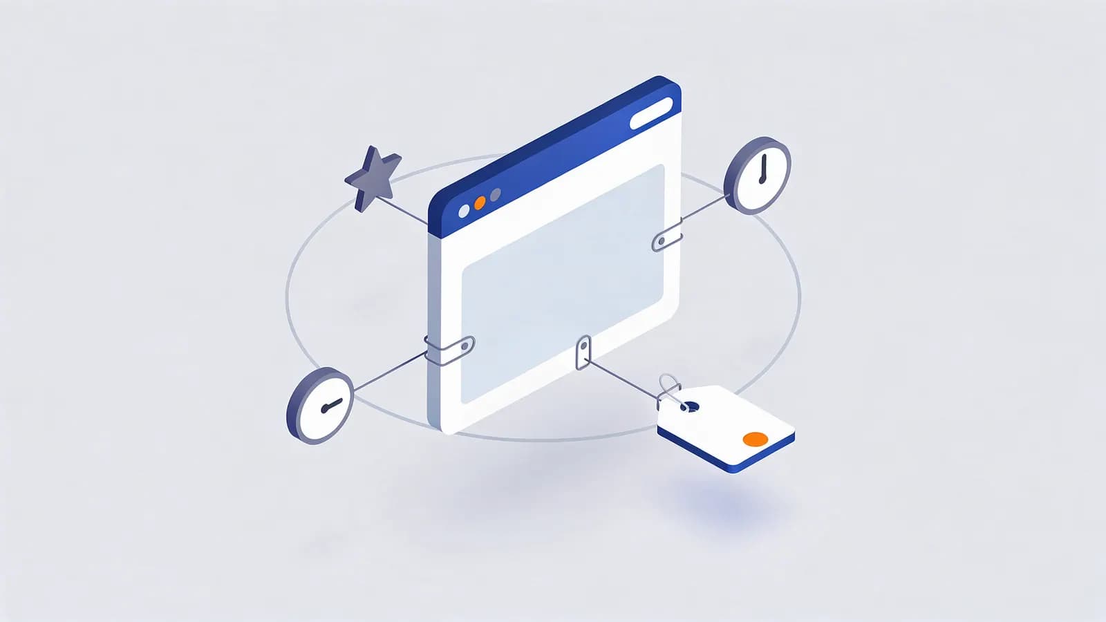 Browser window with a star, clock, key, and tag icons linked to it, illustrating elements of rich snippets.