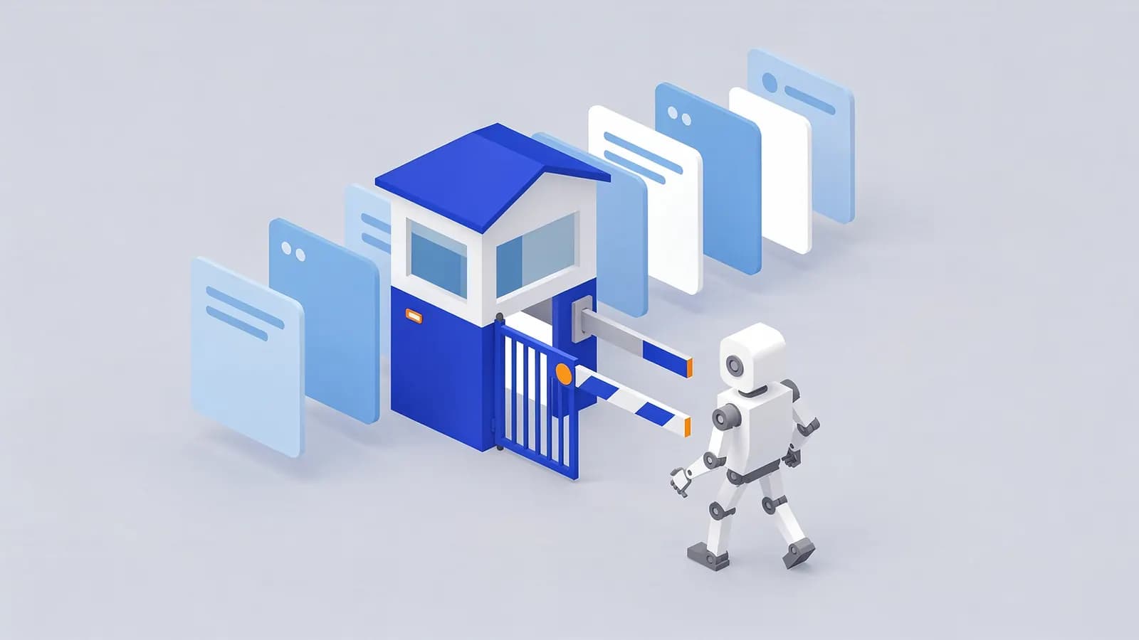 A robot approaches a gatehouse with an open barrier, behind which pages of content are visible, illustrating Robots.txt.