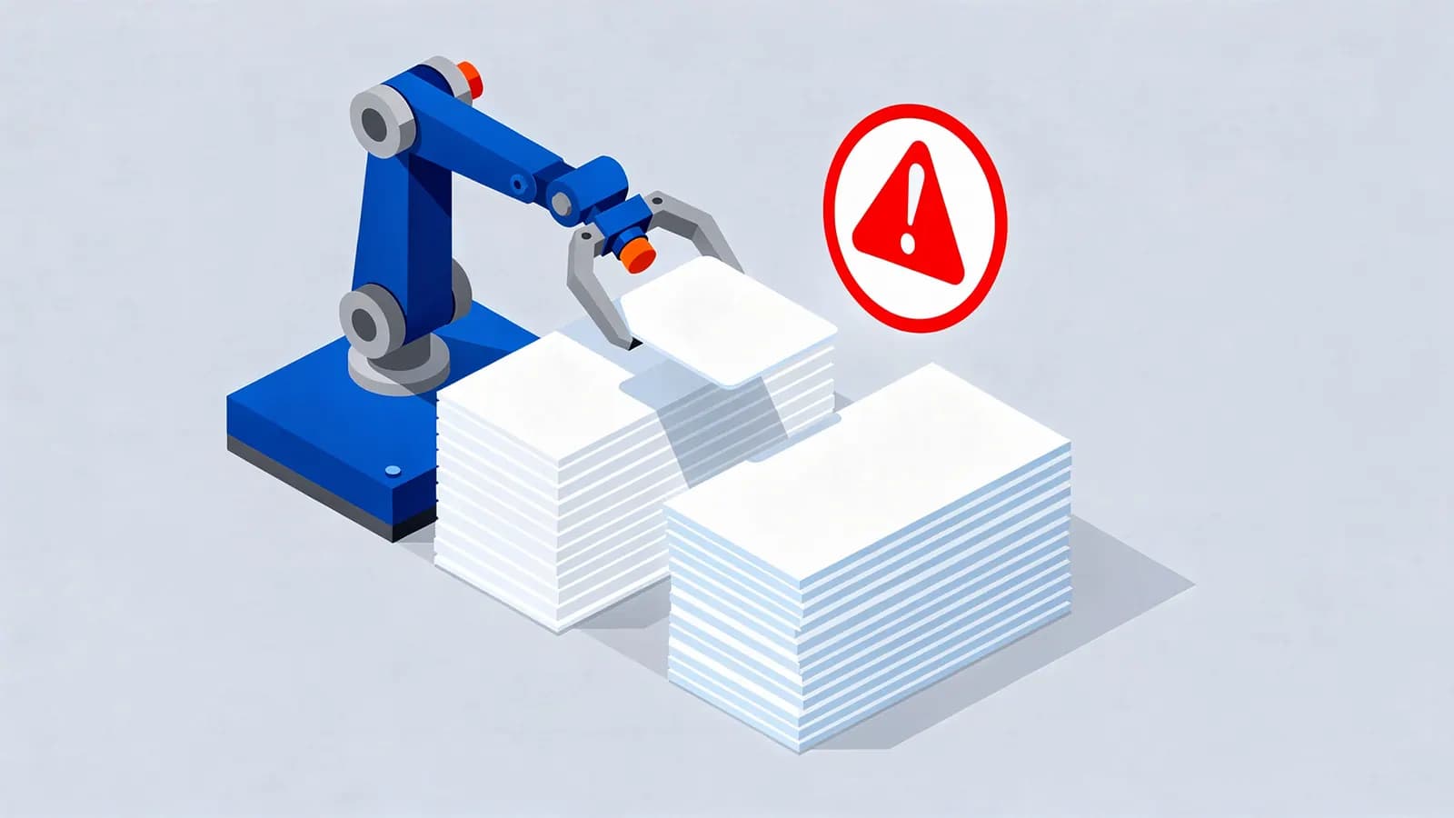 A robotic arm takes a sheet from a stack of paper, with a warning sign, representing scraped content.
