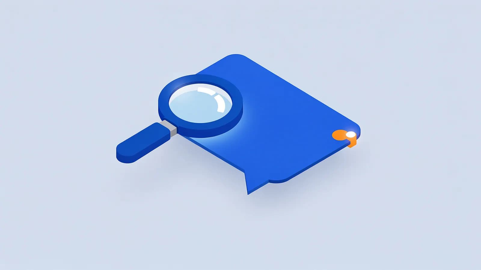 A magnifying glass hovers over a speech bubble with a glowing point, symbolizing SEO copywriting.