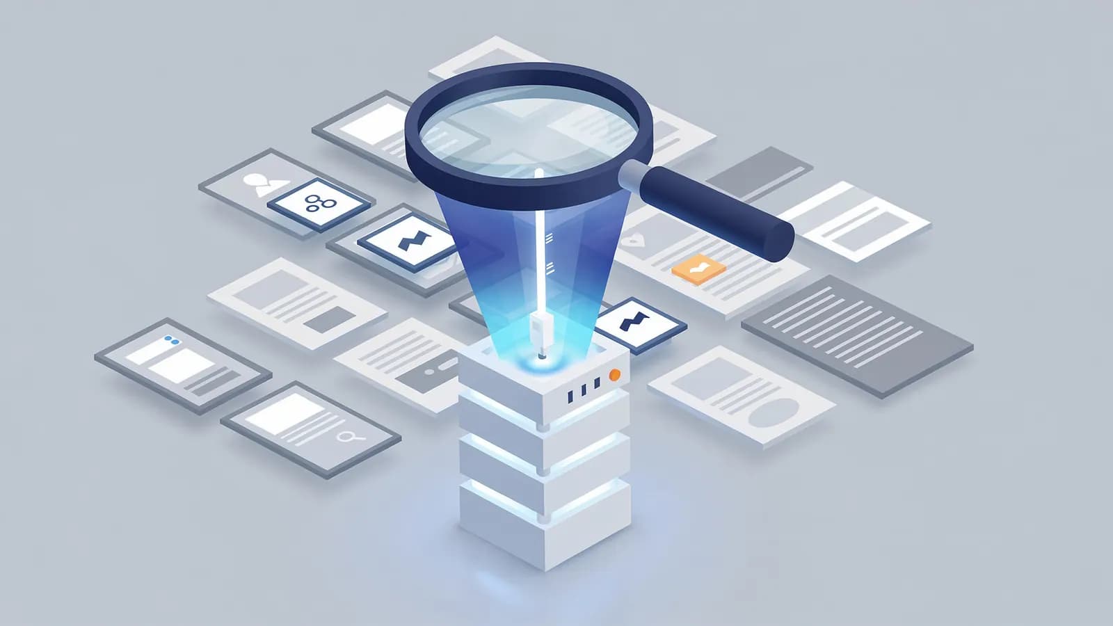 Magnifying glass searches various documents and pulls data into a central server, illustrating a search engine.
