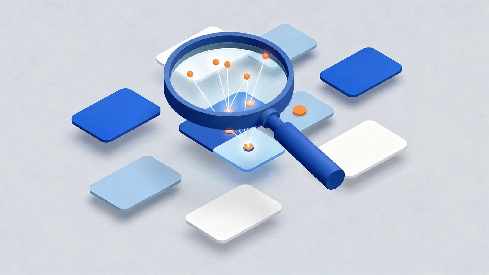 Magnifying glass over floating cards highlights interconnected data points, illustrating semantic search.