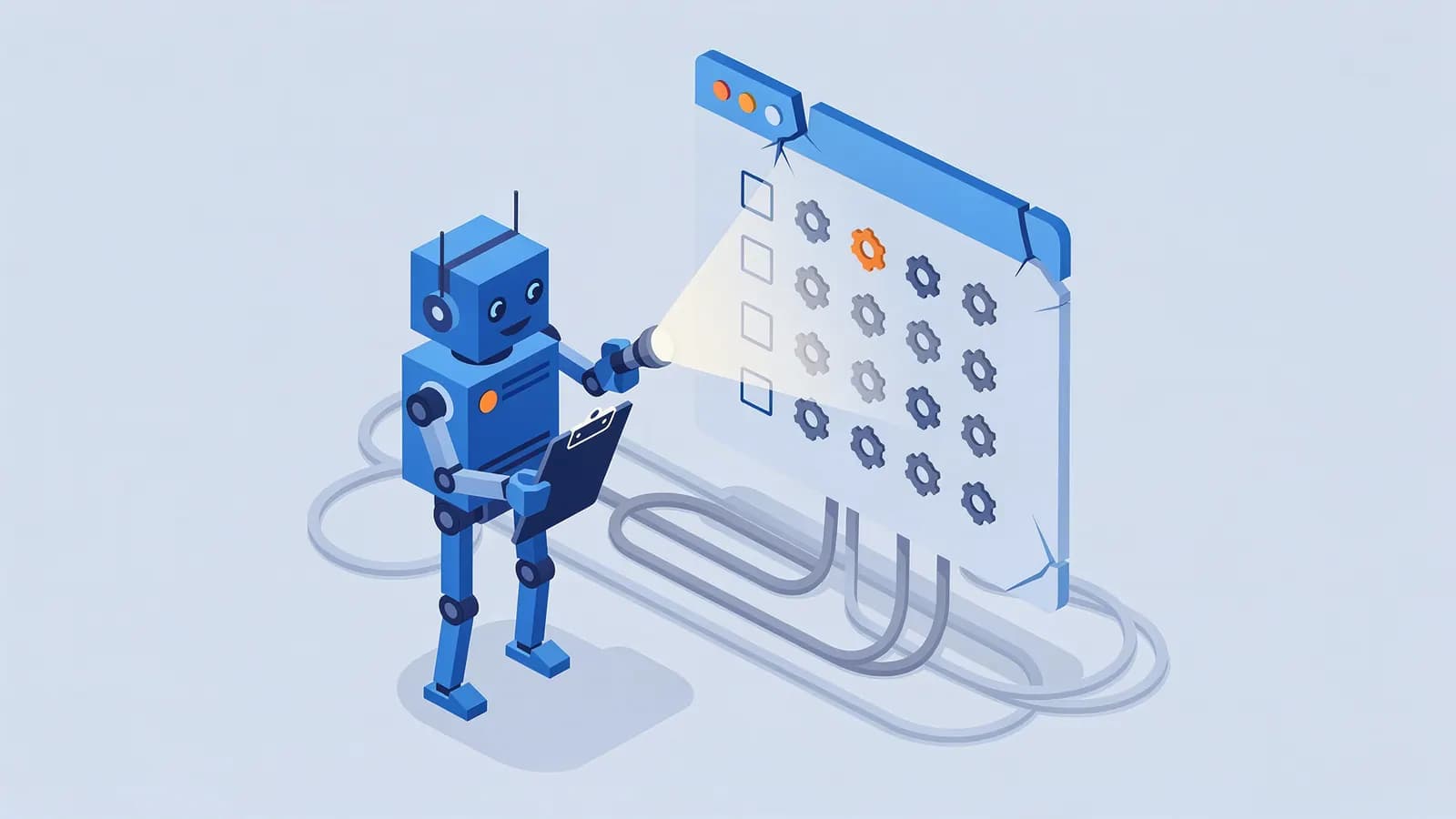 A robot holding a clipboard shines a flashlight on a screen with checkboxes and gears, representing an SEO audit.