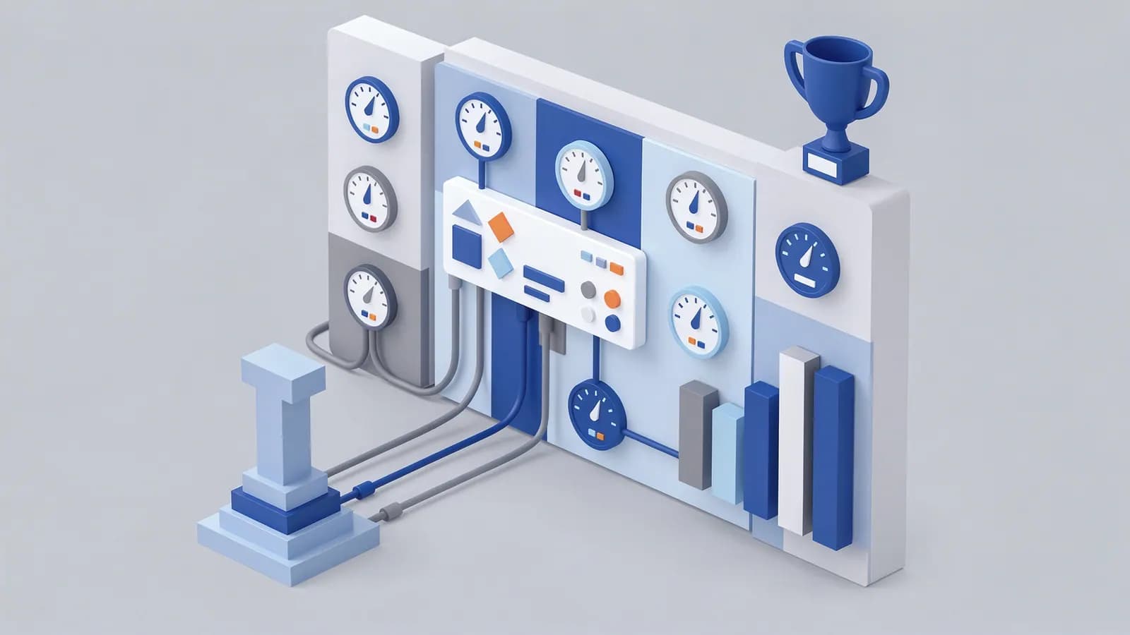 A modular system with gauges, a central dashboard, bar charts, and a trophy representing SEO KPIs.