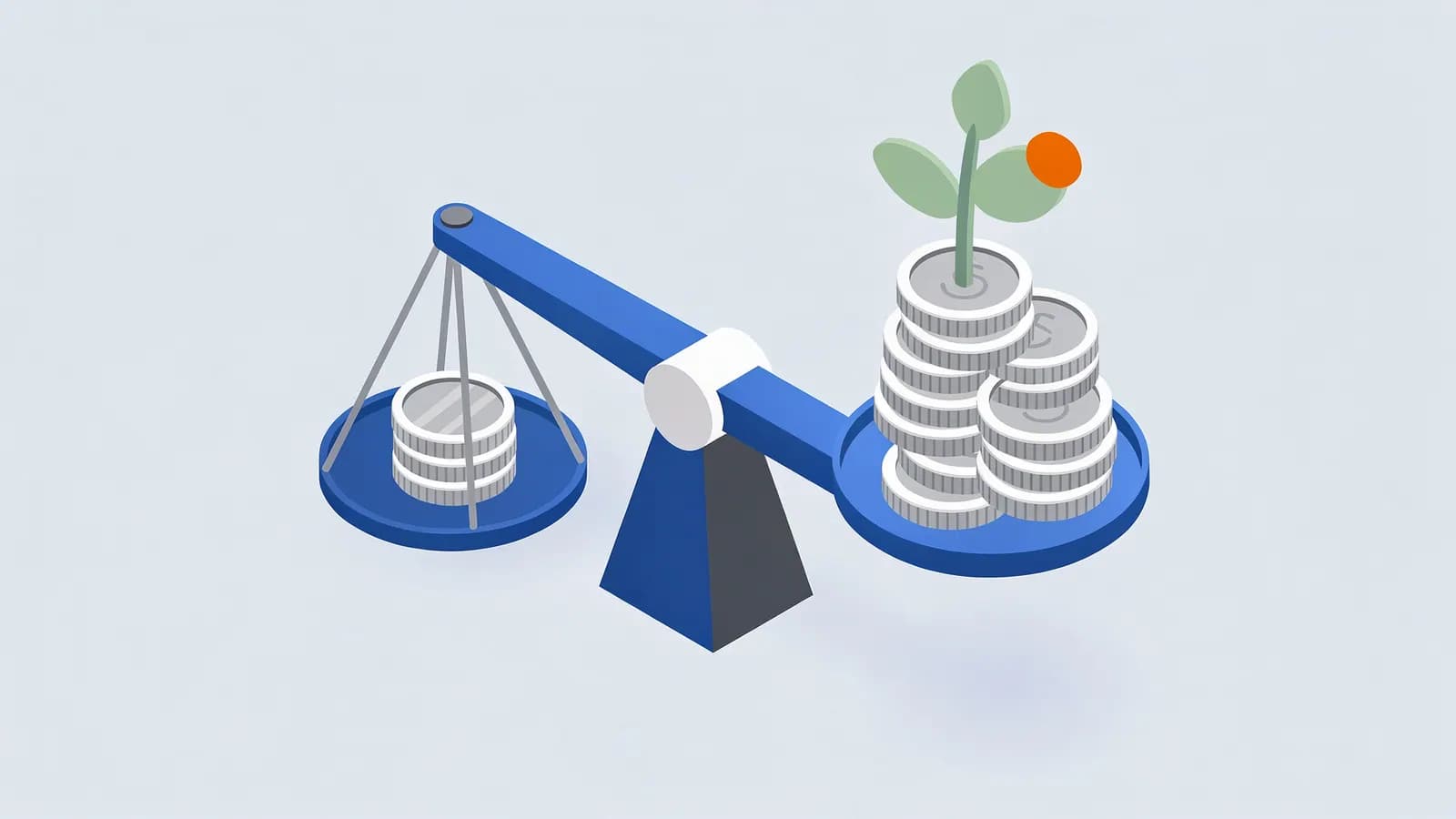 A balance scale holds a small coin stack on one side and larger coin stacks with a plant on the other, showing SEO ROI.