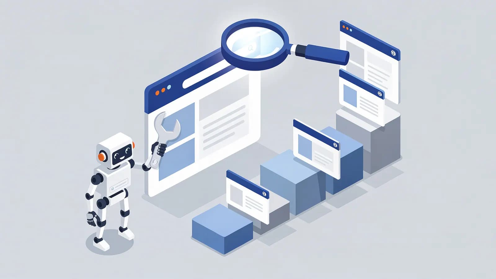 Robot with a wrench optimizes a website, magnified by a glass, illustrating SEO with browser windows rising on steps.
