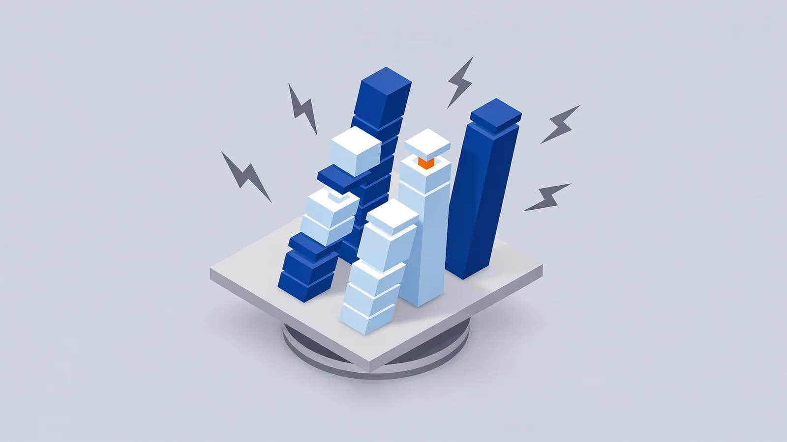Vertical blocks and columns of varying heights with lightning bolts on a platform, symbolizing SERP volatility.