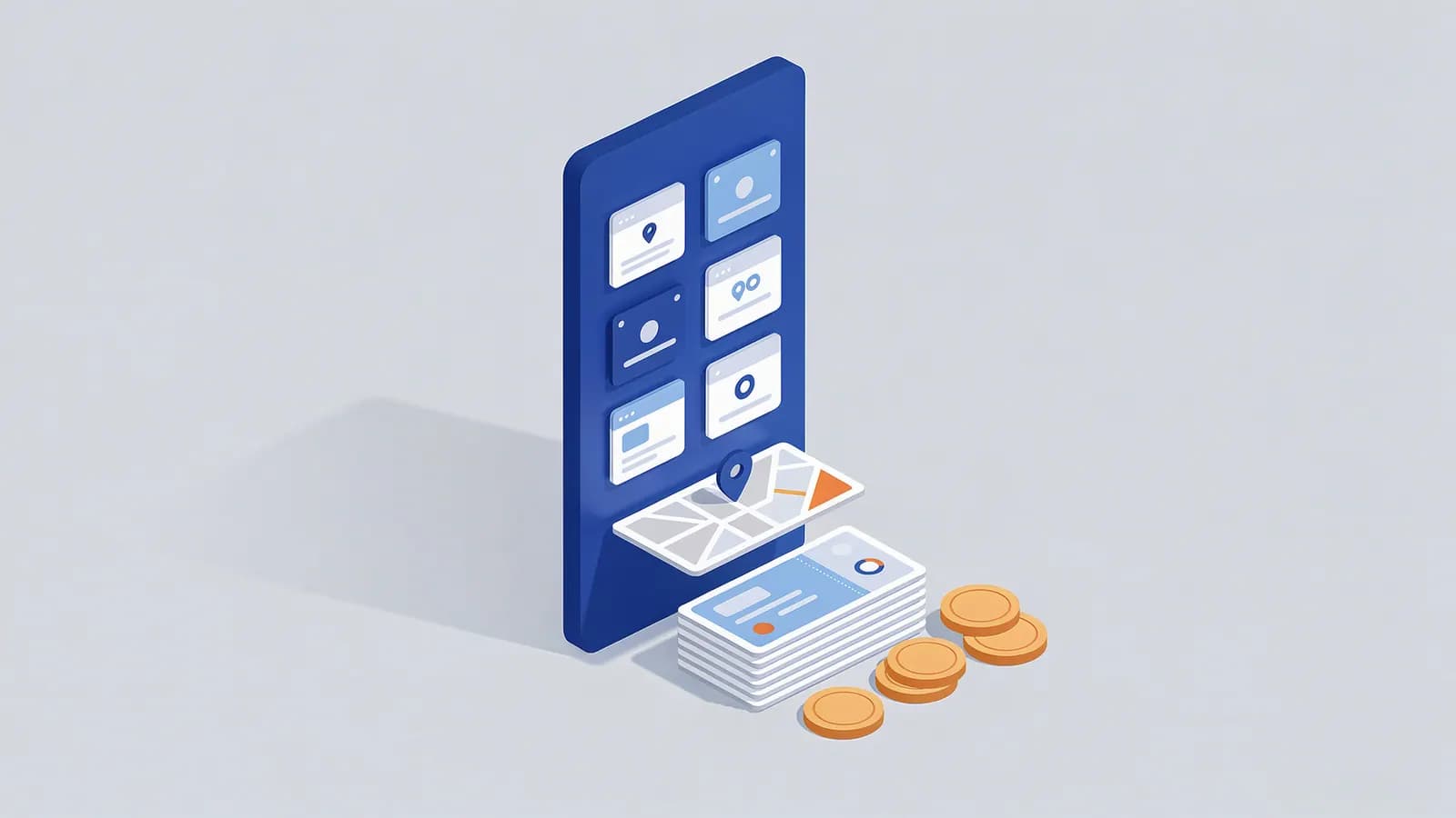 Smartphone displaying app icons, a map with a pin, and a stack of results with coins, illustrating a SERP.