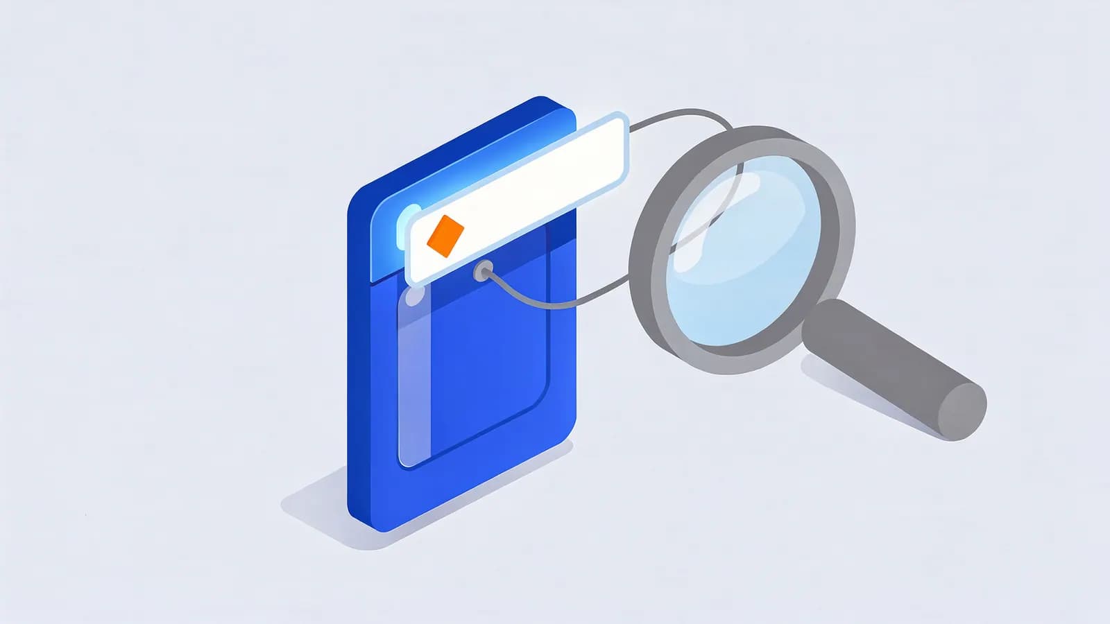 Magnifying glass connected to a highlighted title bar with an icon on an interface, representing a Title tag.
