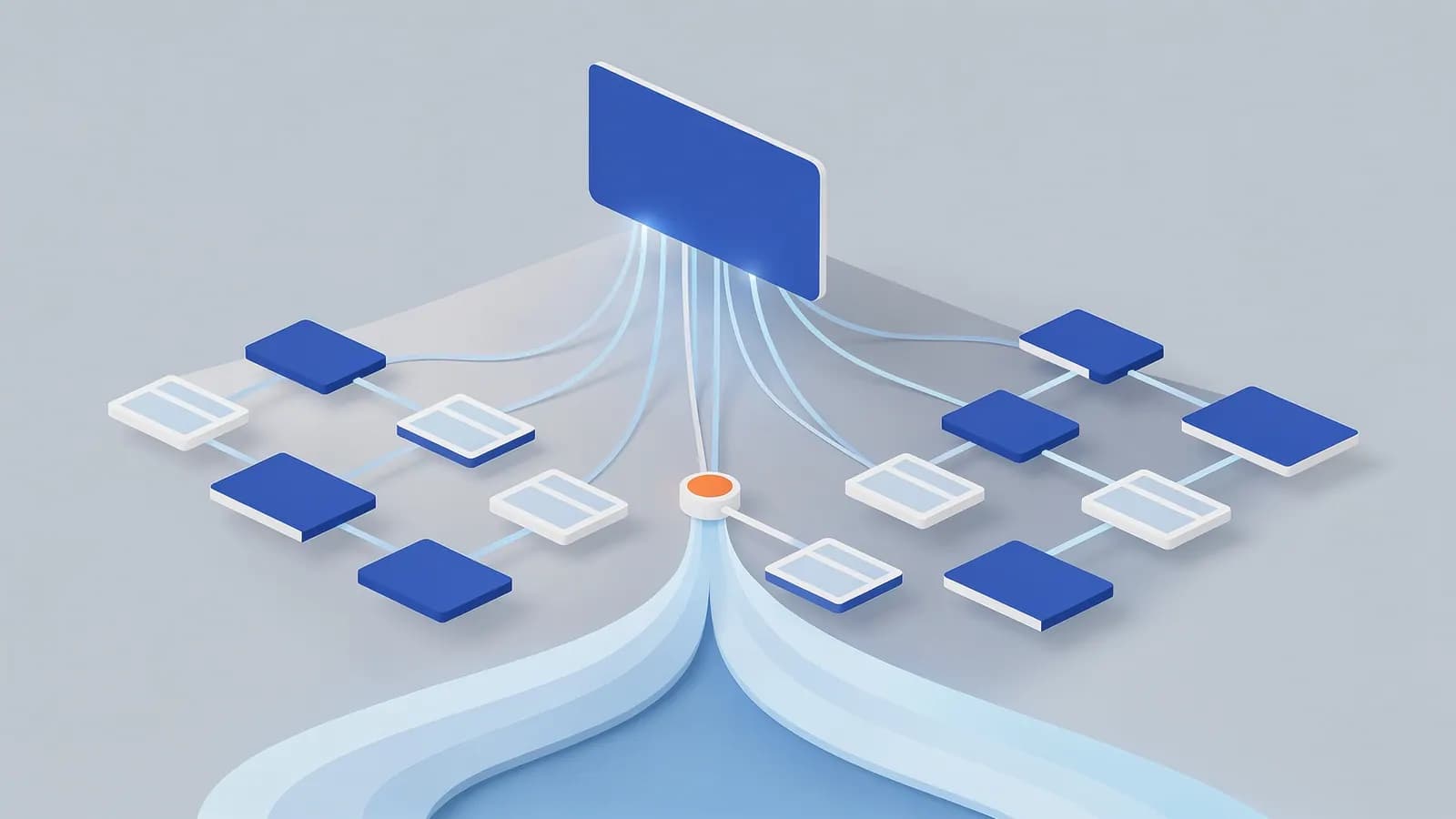A central source links to many nodes that funnel into a hub creating outward flow, depicting traffic potential.