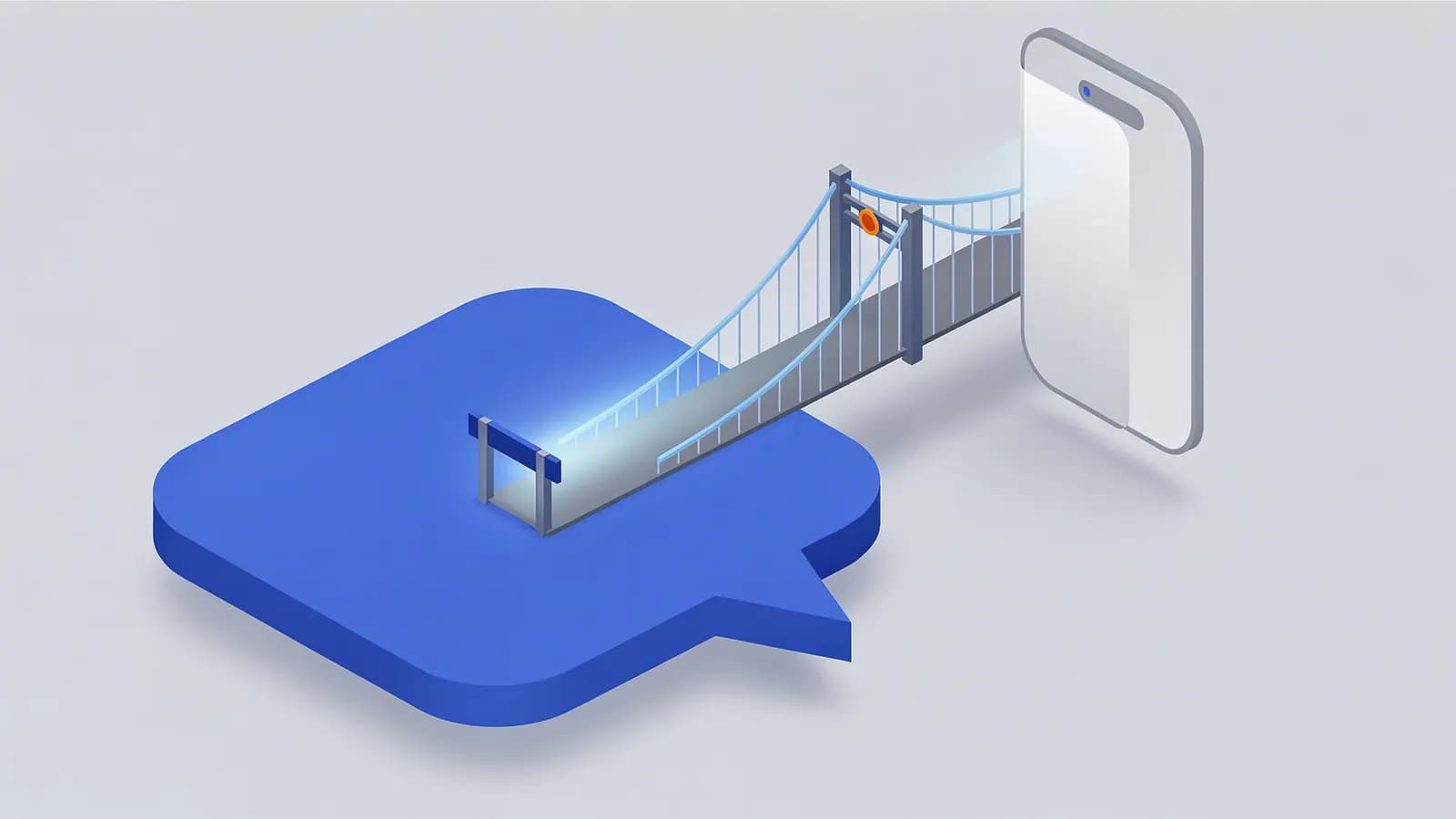A bridge links a speech bubble to a smartphone, visualizing rel=ugc for user-generated content.
