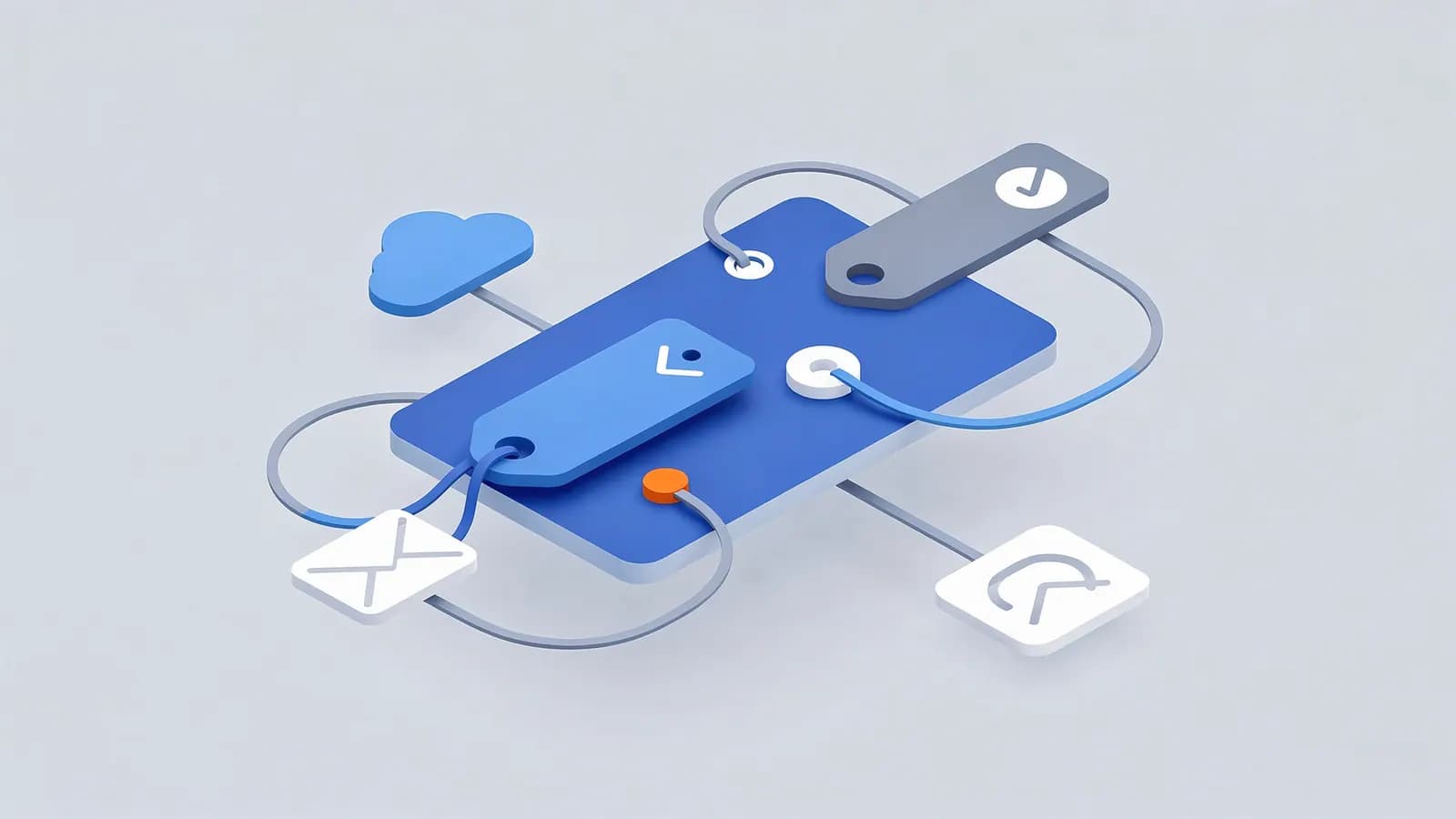Tags, cloud, email, and clock icons connected to a central platform, visualizing UTM parameters for website traffic analysis.