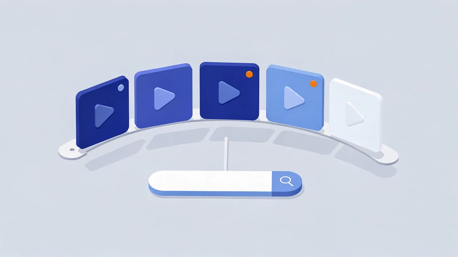 A search bar linked to an arc of video player icons, depicting a video carousel.