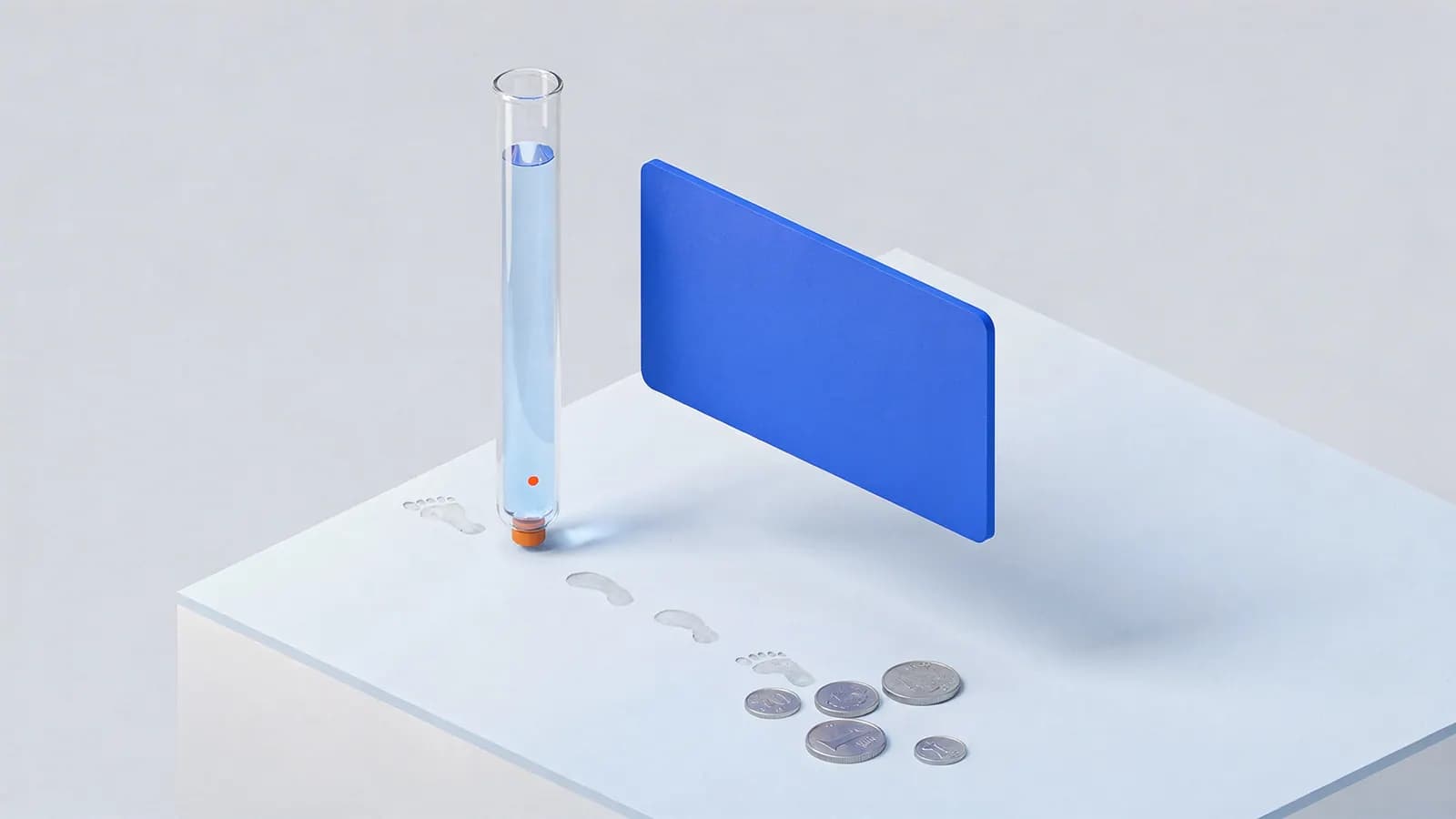 A test tube leaves a trail of diminishing footprints that lead to scattered coins, representing zero-volume keywords.
