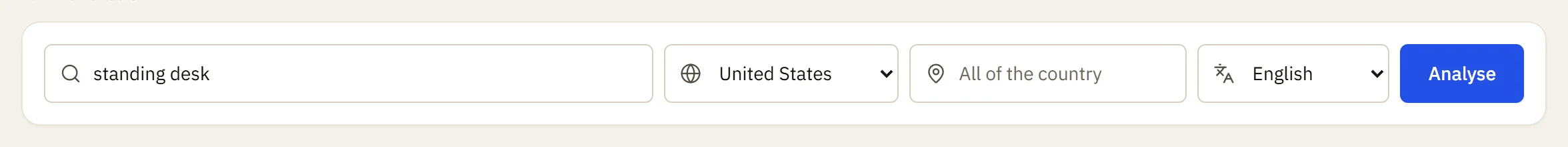 The search row: keyword, country, city or state, language and the Analyse button