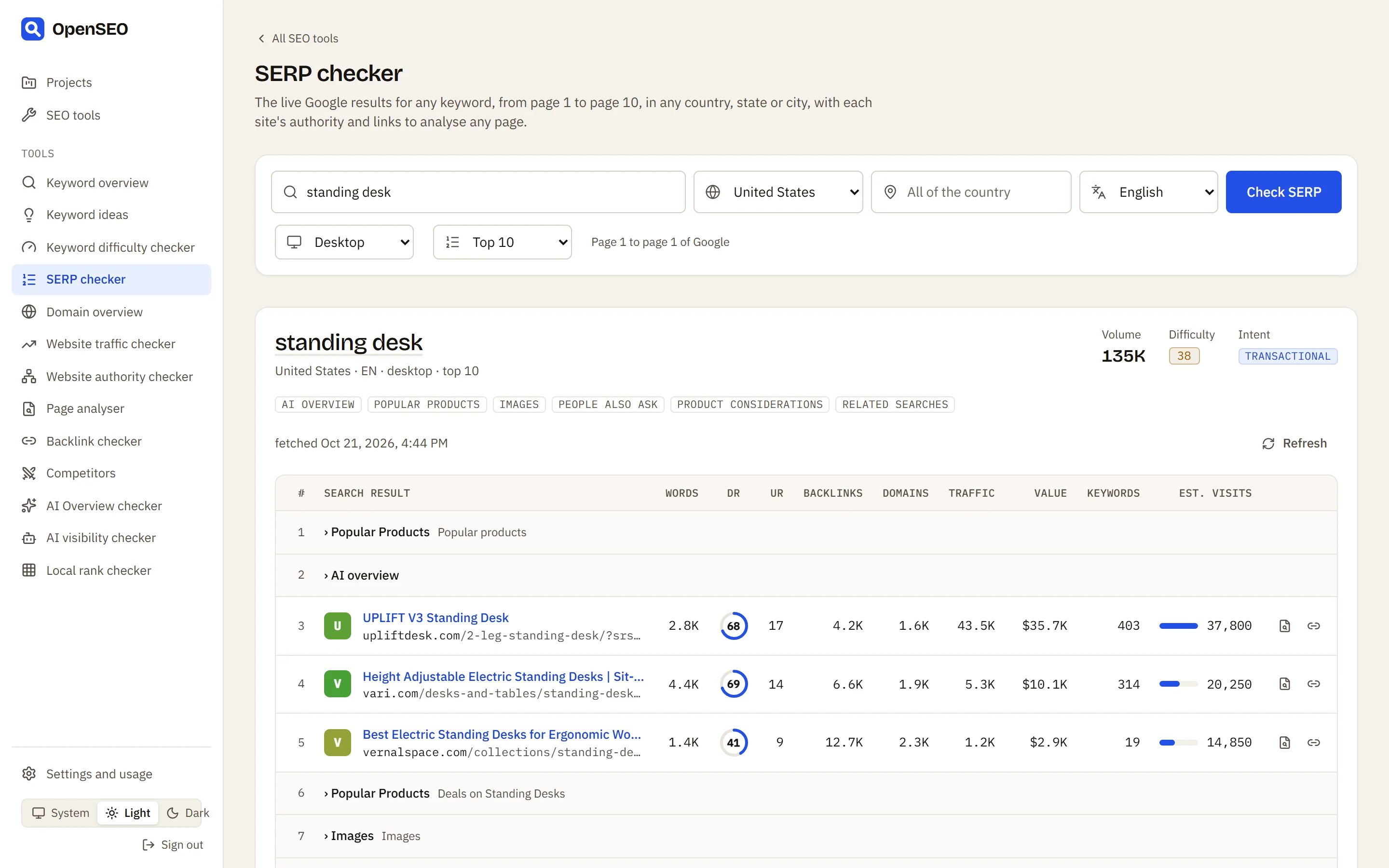 The SERP checker for standing desk with the search row and the top results
