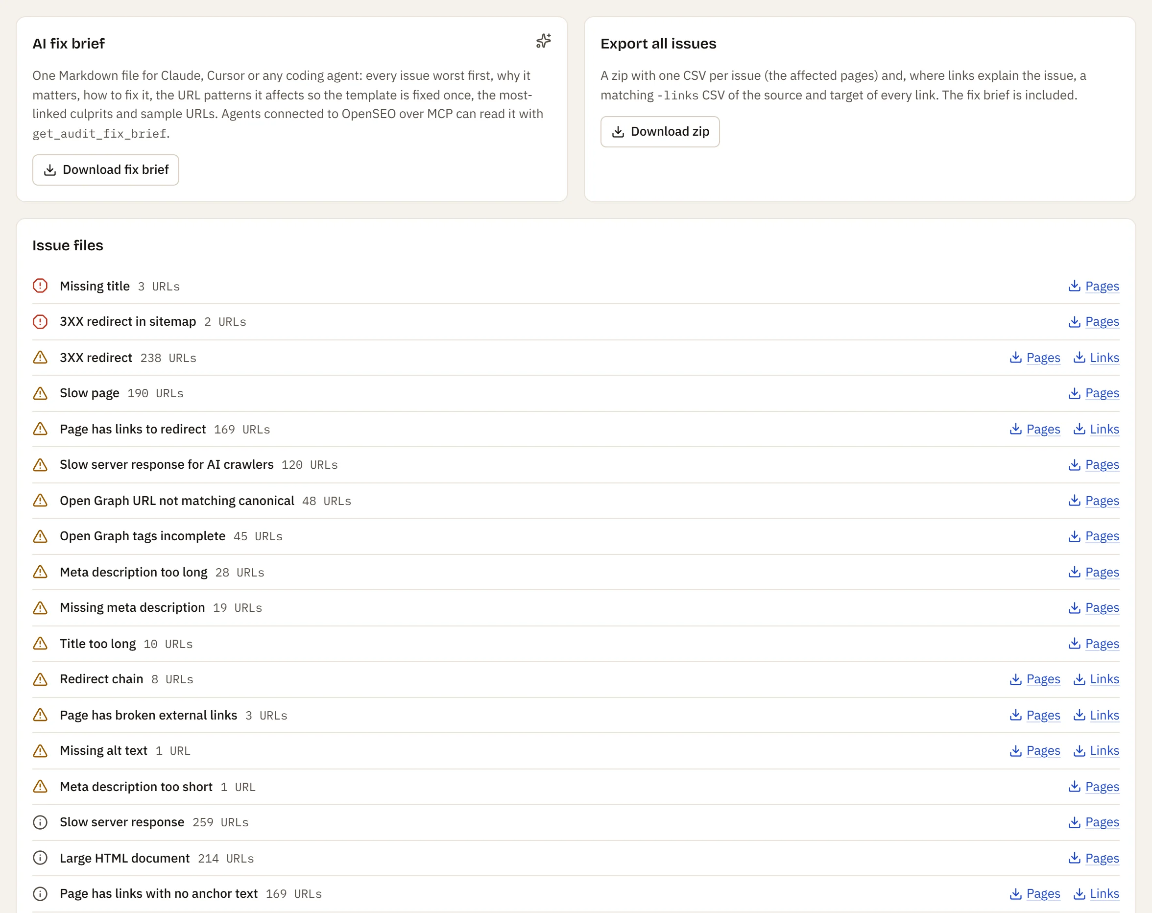 Exports of a crawl: the AI fix brief, one zip of every issue and bulk CSV exports of pages and links